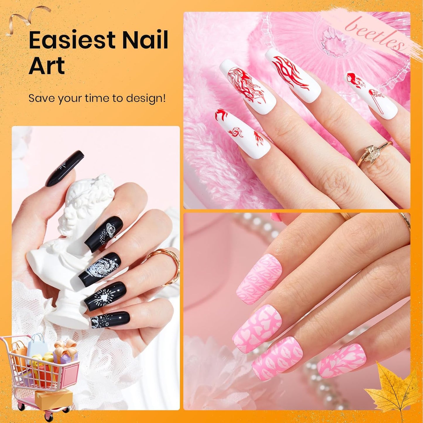 Beetles Nail Stamp Gel 16Pcs French Tip Nail Stamp Kit with 8 Colors Stamper Gel Polish, 5 Nail Stamping Templates, Scrapers, Liquid Latex & Short Silicone Stamper Gift for Women