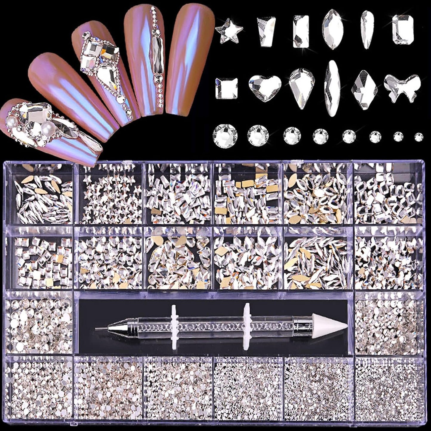 Nail Rhinestones Kit, Nail Art Decorations Flat AB Rhinestones Kit DIY Crafts Gemstones for Nail, Shoes, Clothes, Jewels (600 Clear Diamonds + 2500 Flat Rhinestone)