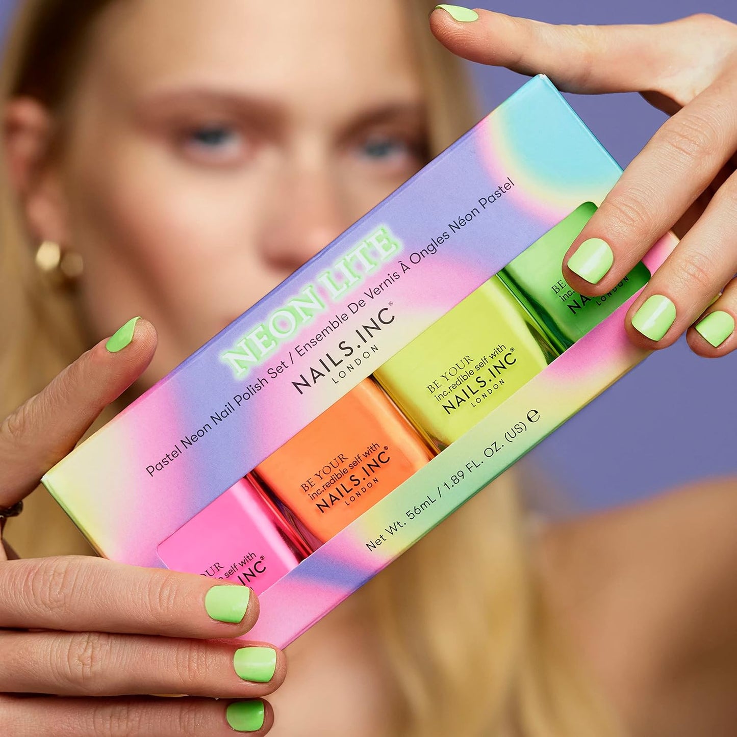 Nails Inc Neon Lite Nail Polish Quad, Neon Glow Enhancing Shades, Fast Drying, Long Lasting, Chip Resistant, Air Dry Manicure,Vegan, Cruelty Free, 4 Piece Set