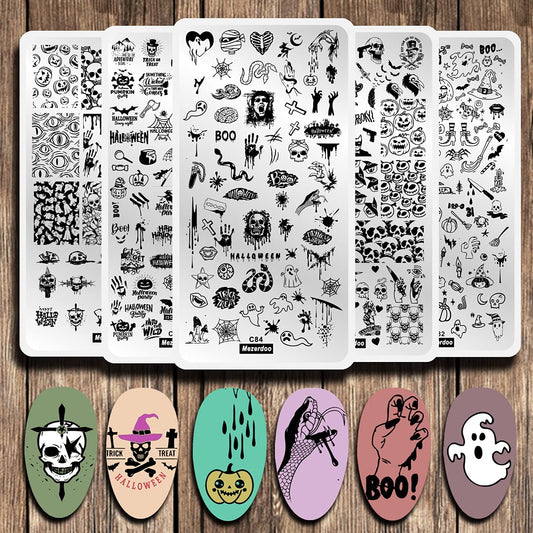 5 Pcs Nail Stamping Plate Halloween Theme Stamp Plates Skull Ghost Witch Pumpkin Image Nail Stamper Plate Art Design Stamp Kit Snake Spider Bat Print Manicure Template Set Festival Stencil Tools