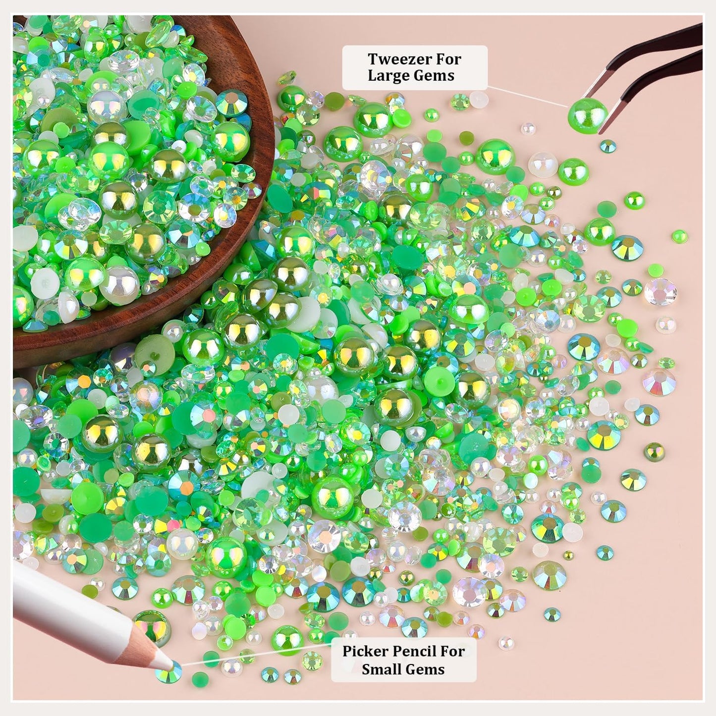 9000PCS Flatback Pearls and Rhinestones for Crafting, Green Mixed Size 3-10mm Resin Rhinestones and Half Pearls for Bedazzling, Nail Art and Decoration with Tweezer and Pickup Pencil
