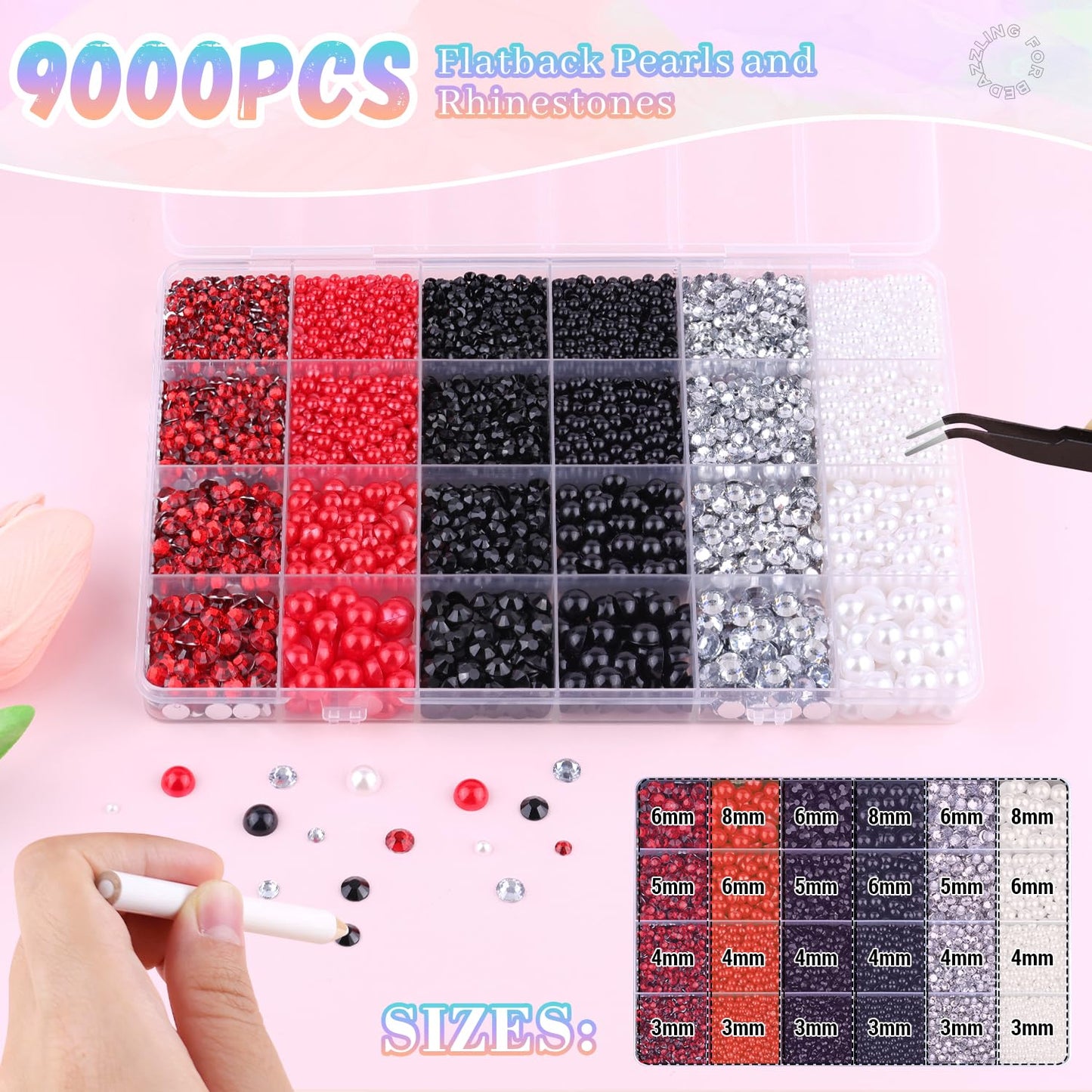 9000Pcs Flatback Pearls and Rhinestones for Crafting, Red White Black Mixed Size 3-8mm Resin Rhinestones and Half Pearls for Bedazzling, Nail Art with Tweezers and Pickup Pencil