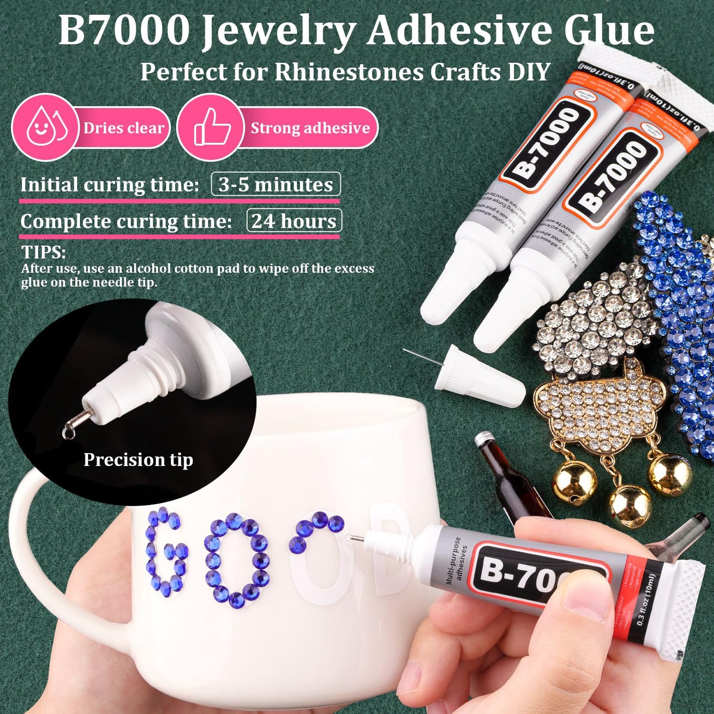 Resin Rhinestones for Crafting with B7000 Jewelry Glue, 1 Box Royal Blue Flatback Crystals with 3Pcs 10ml Glue for Bedazzling Crafts DIY Nail Art Makeup，Non Hotfix Gems for Clothing Shoes