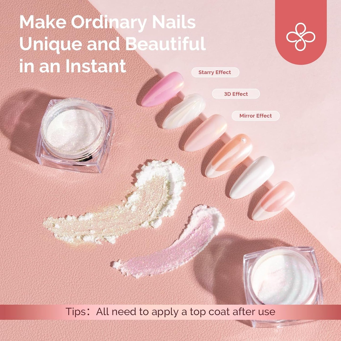 MelodySusie 2Pcs Chrome Nail Powder for Gel Nails, Pearl Powder Mirror Effect Pigment Pearlescent Mermaid Pigment Pearl Glitter for Home DIY Salon Use