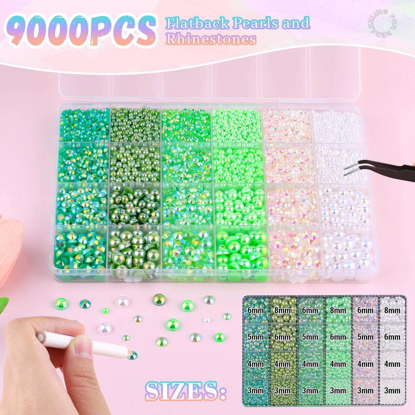 9000Pcs Flatback Pearls and Rhinestones for Crafting, Green White Mixed Size 3-8mm Resin Rhinestones and Half Pearls for Bedazzling, Nail Art with Tweezers and Pickup Pencil