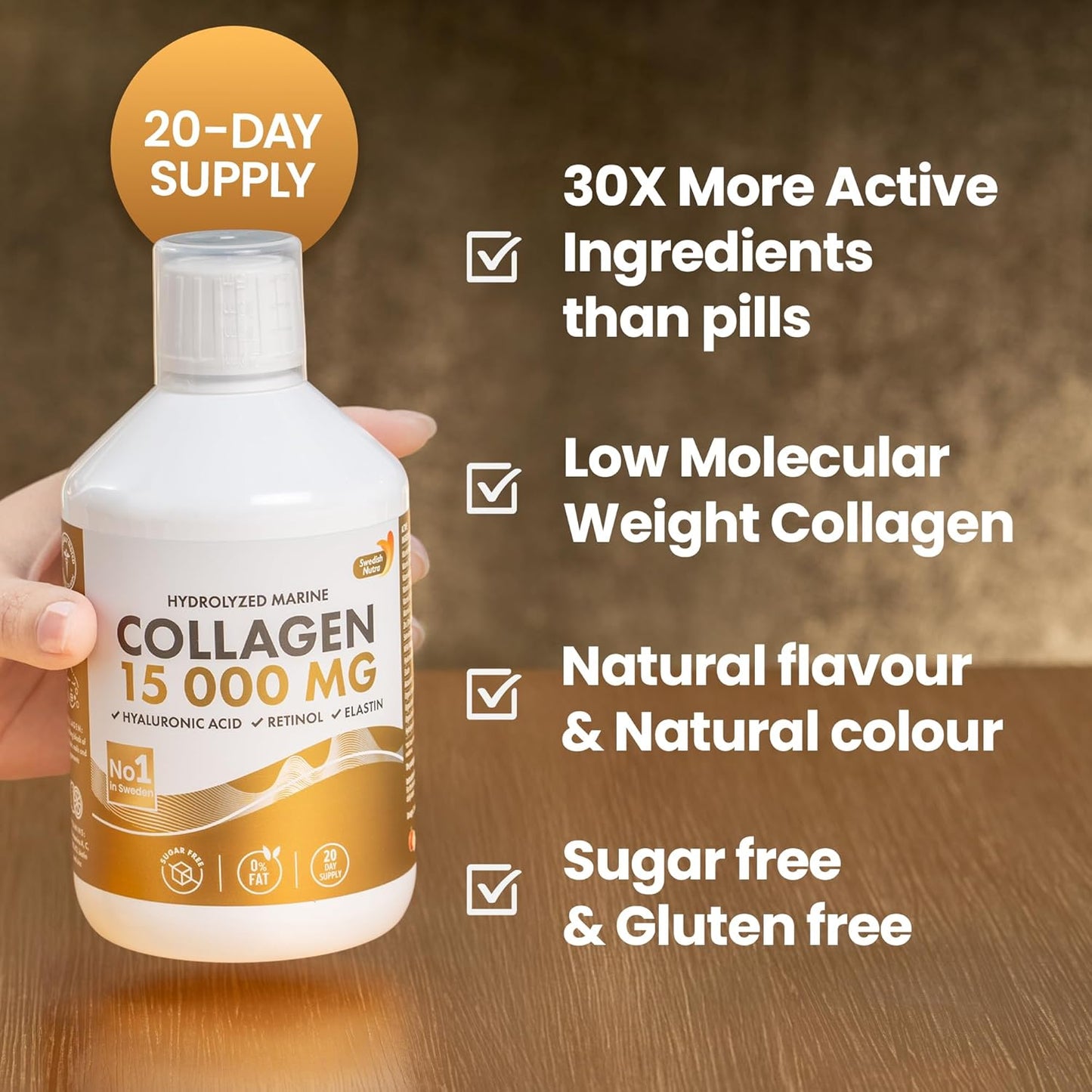 Swedish Nutra - Liquid Marine Collagen 15,000mg - 3 Packs of 500ml I Hydrolyzed Collagen Peptides (Type I & III) I Hyaluronic Acid, Biotin, Vitamin C I Sugar Free- 60 Day Supply