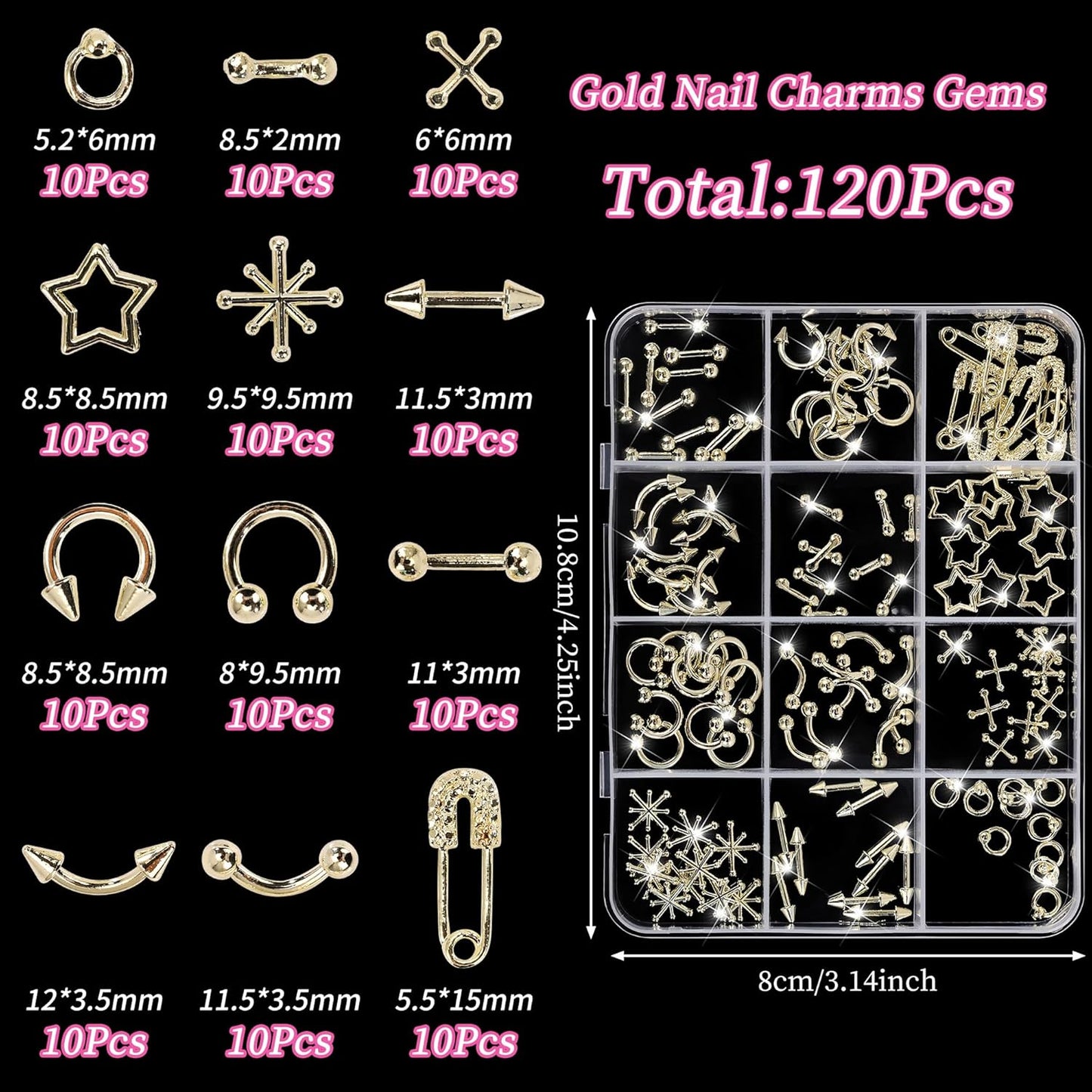 120pc Gold Star Nail Charms, Star Rivets Planet Vintage Gothic Retro Punk Crosses Alloy Nail Art Decoration C