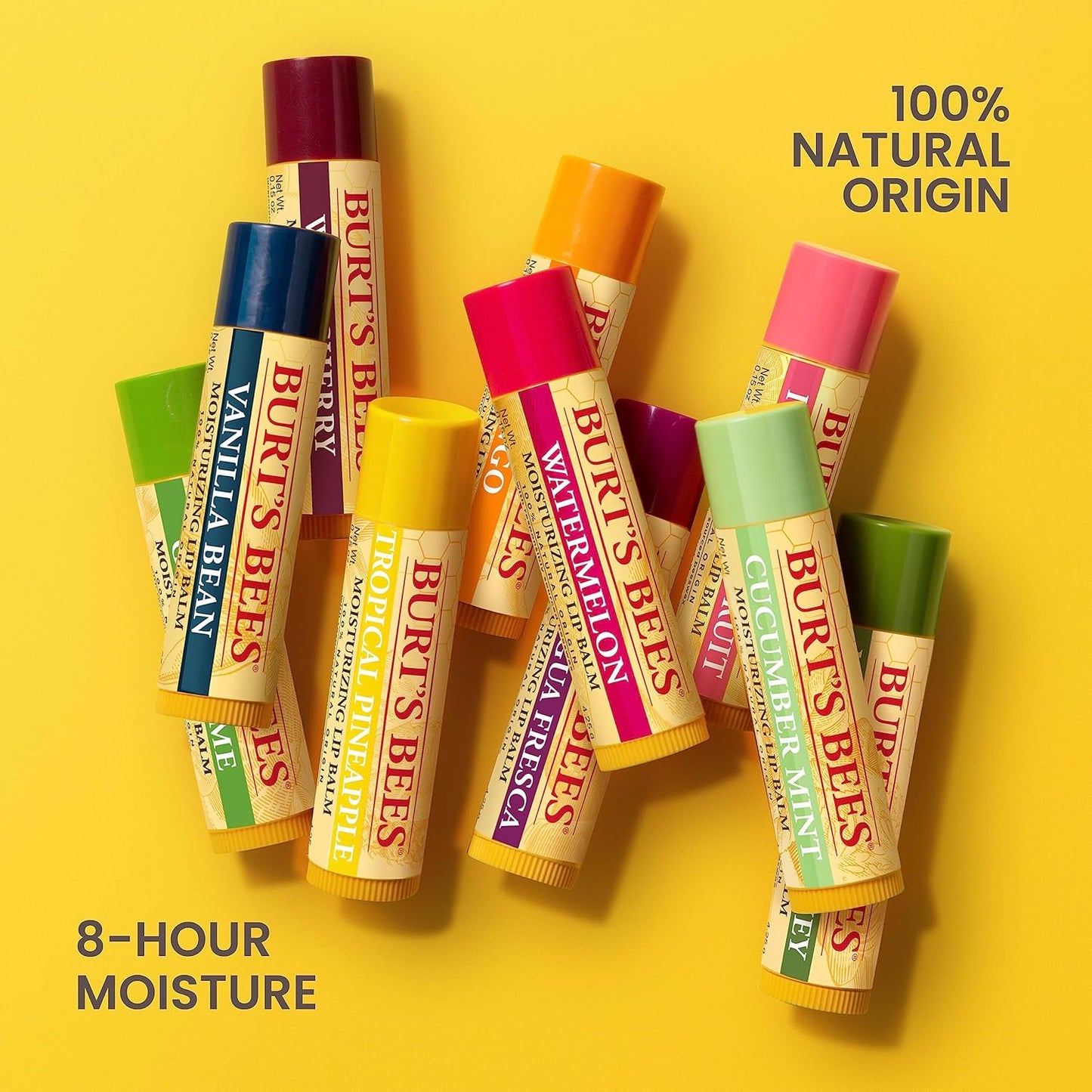 Burt's Bees Lip Balm, Beeswax, Strawberry, Coconut and Pear, and Vanilla Bean Pack, With Responsibly Sourced Beeswax, Tint-Free, Natural Lip Treatment, 4 Tubes, 0.15 oz.