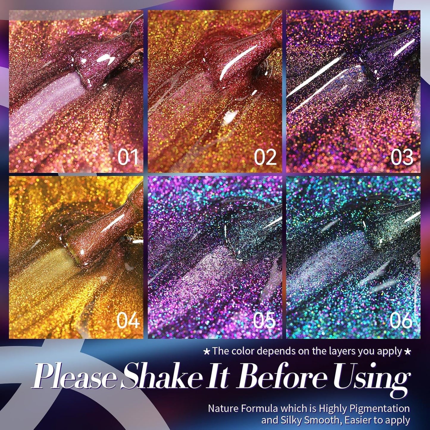 Born Pretty Chameleon Gel Nail Polish, 6 Pcs Aurora Shimmer Glitter Gel Polish Long Lasting Sparkly Shiny Nail Polish U V Set for Manicure and Nail Art, DIY at Home, Salon-Quality 7ml