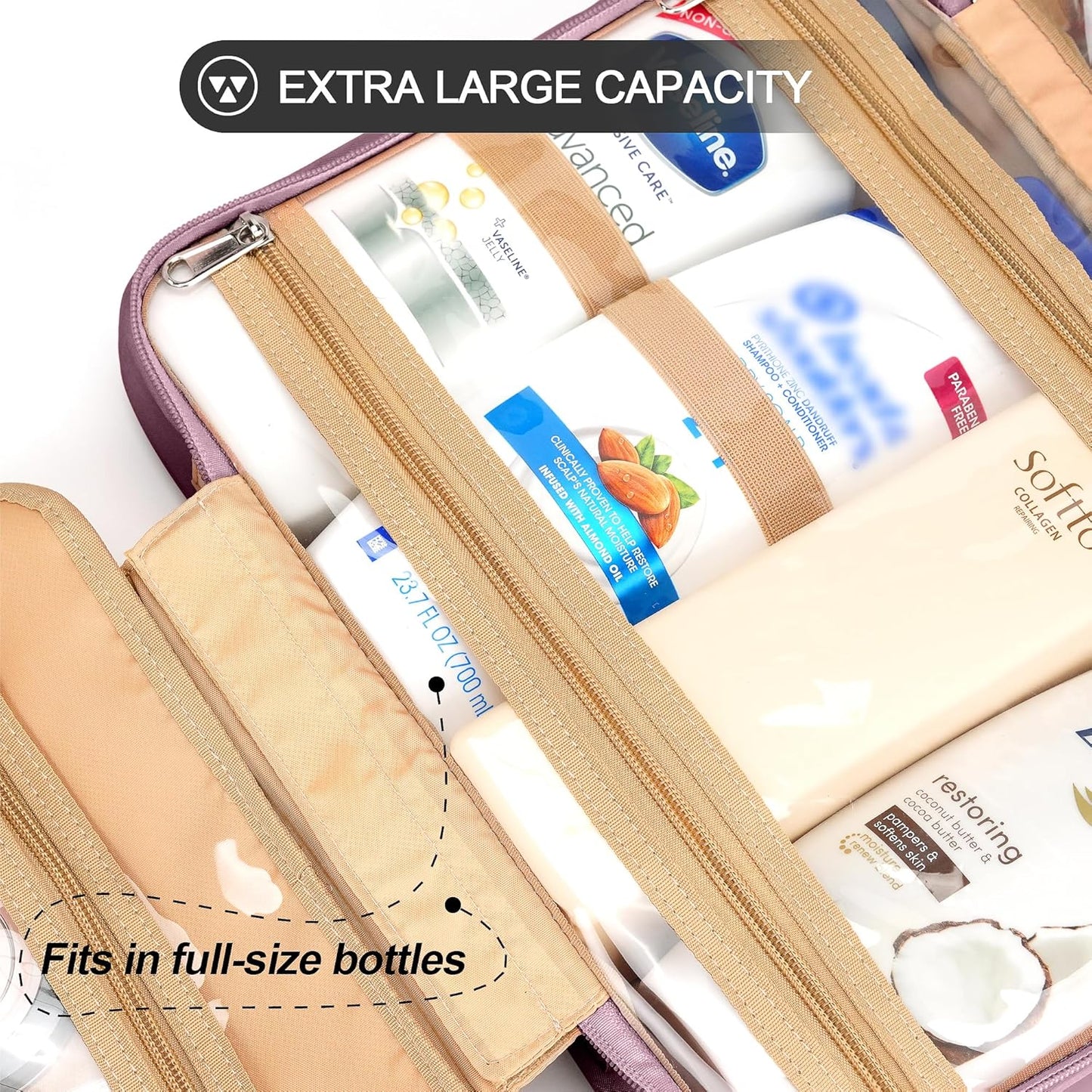 Travel Hanging Toiletry Bag for Women, Large Makeup Bag 8 Leak Proofing Silicone Bottle Covers, Waterproof Cosmetic Bag with Jewelry Organizer Compartment, Toiletries Kit Set, Purple