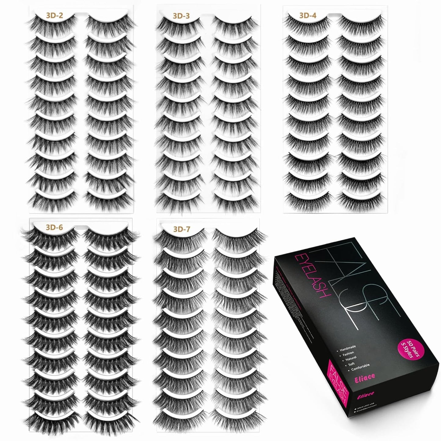 Eliace Eyelashes, (50 Pairs,5 Styles) Luxurious Faux Mink Lashes Natural Look Wispy Fluffy Handmade Cat Eye False Lash Pack, False Eyelashes Set, Fake Lashes Strips, Makeup Fake Eyelashes Pack