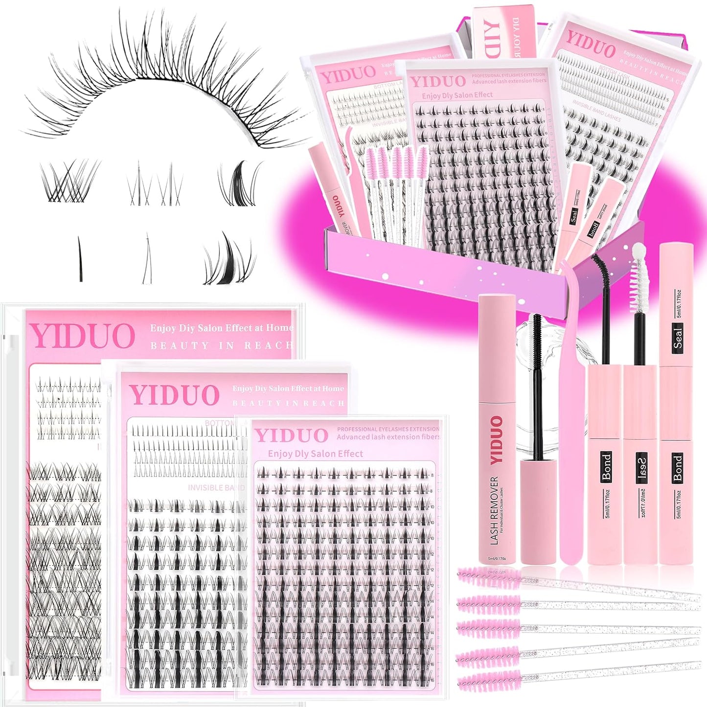 Fairy Manga lashes Clusters with Bottom Lashes Clusters Kit Gift Packs 604Pcs 5-16mm Soft Extension False Eyelash D Curl Wispy Natural Wet-Look Lashes Extensions Combo Pack with Glue Removers