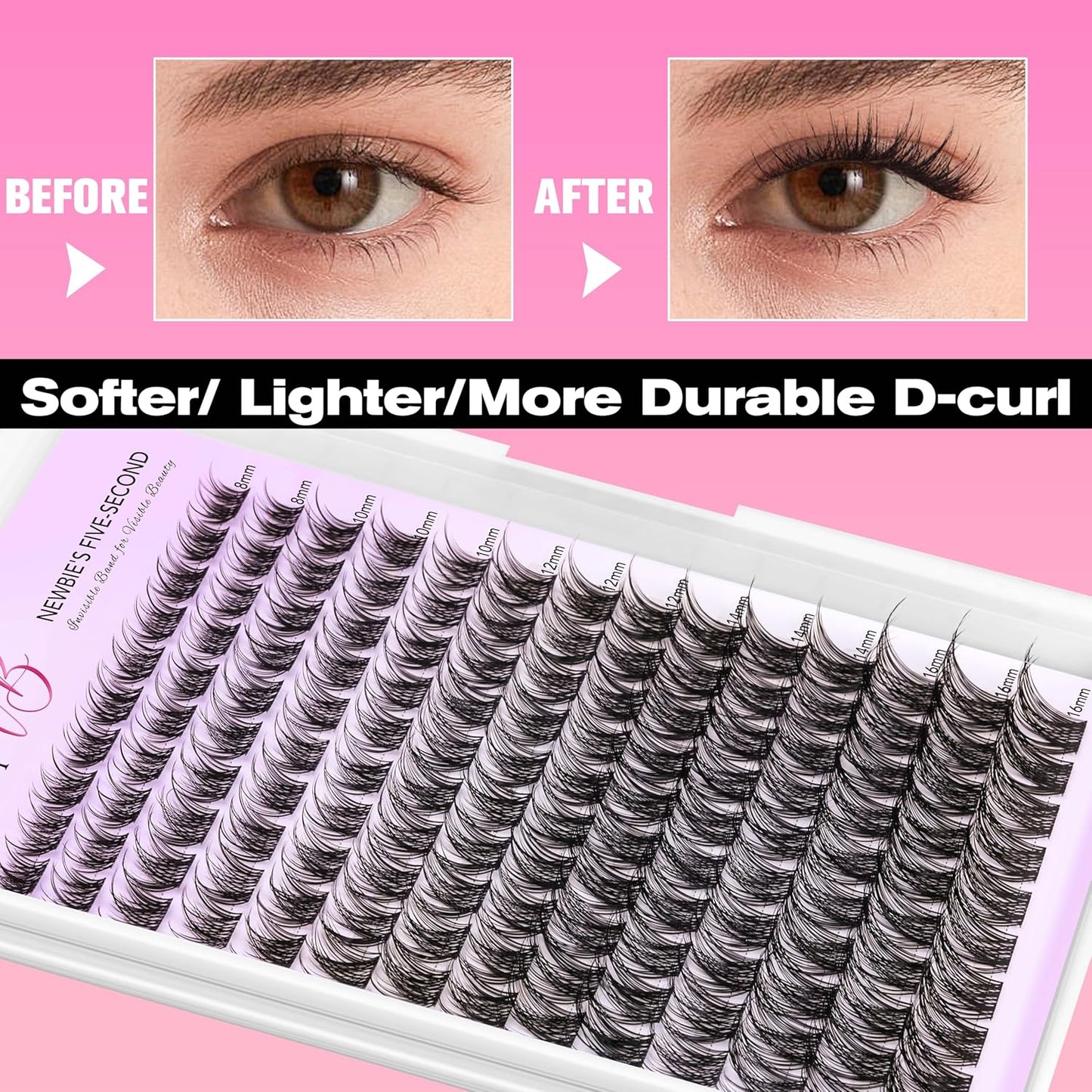 VEYESBEAUTY Lash Clusters Individual Eyelash Extensions Thin & Invisible Band DIY False Eyelashes for Self-application Newbie's Five-Second Series Wispy Lash Tray, LuxeBold 8-16mm Mixed Length