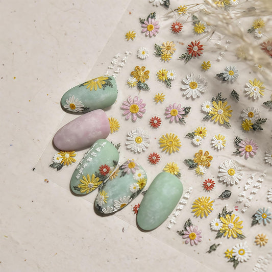 Colorful Flowers Nail Stickers 5D Self-Adhesive Embroidered Daisy Floral Design Decals Spring Daisy Flowers Nail Art Charms for Women DIY Decorations Exquisite Cardboard 1Sheets Set