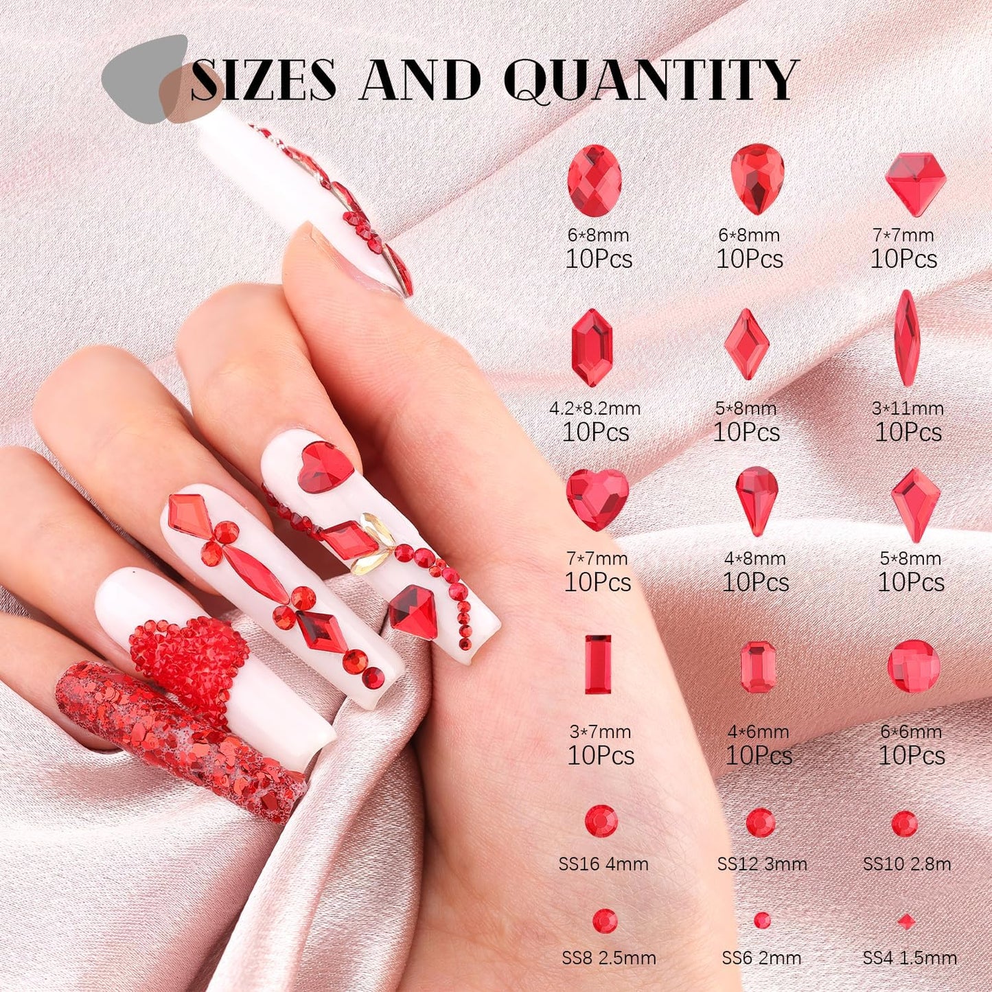 2680Pcs Red Glass Nail Rhinestones 120Pcs Multi Shapes Flatback Nail Gems + 2560Pcs 1.5-4mm Round Crystal with Rhinestones Glue Gel, Manicure Nail Charms Diamond Gemstones for Nail Art