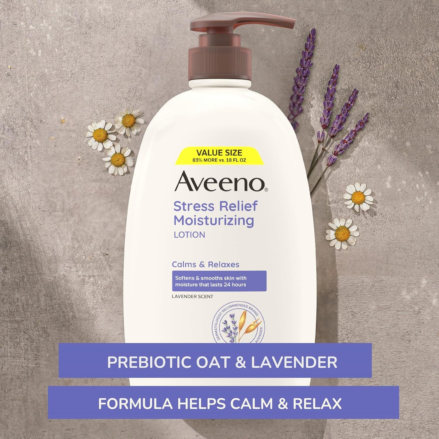 Aveeno Stress Relief Moisturizing Body Lotion 33 Fl Oz, Lavender Scent with Prebiotic Oat, Hydrating 24-Hour Moisturizer Non-Greasy for Dry Sensitive Skin, Paraben & Dye Free, Calming & Relaxing