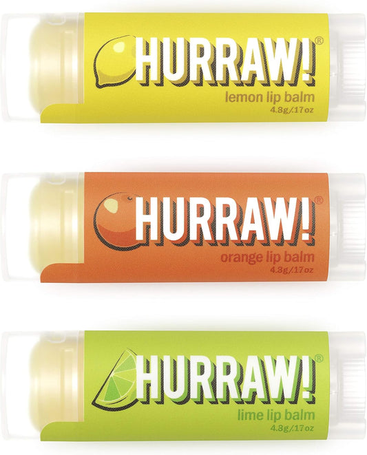 Hurraw! Lemon, Orange, Lime Lip Balms, 3 Pack Bundle: Organic, Certified Vegan, Cruelty and Gluten Free. Non-GMO, 100% Natural Ingredients. Bee, Shea, Soy and Palm Free. Made in USA