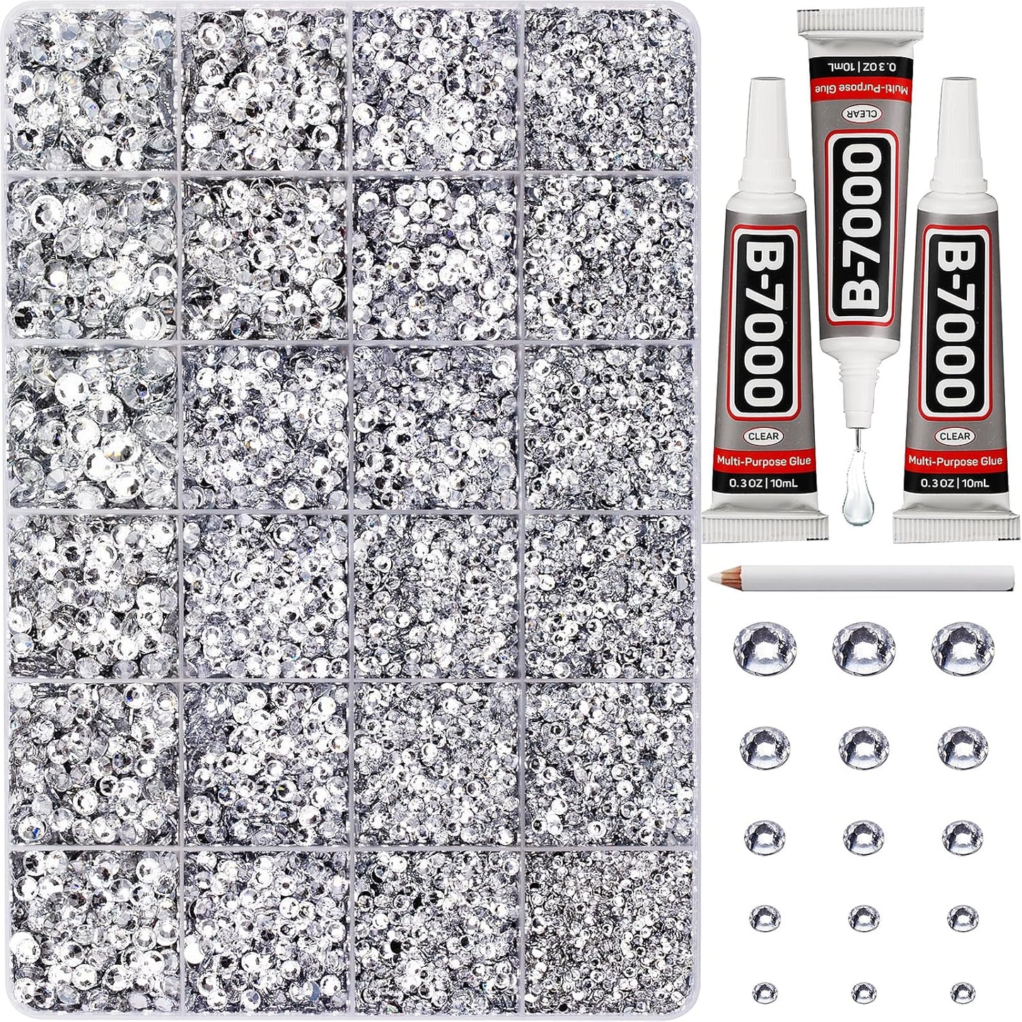 30000Pcs Resin Rhinestones for Crafting Bedazzling, Silver Clear Flatback Gems Crystals for Bedazzle Crafts Clothing Clothes Fabric, Flat Back Jewels Diamonds Mixed Sizes Bedazzler Kit with b7000 Glue