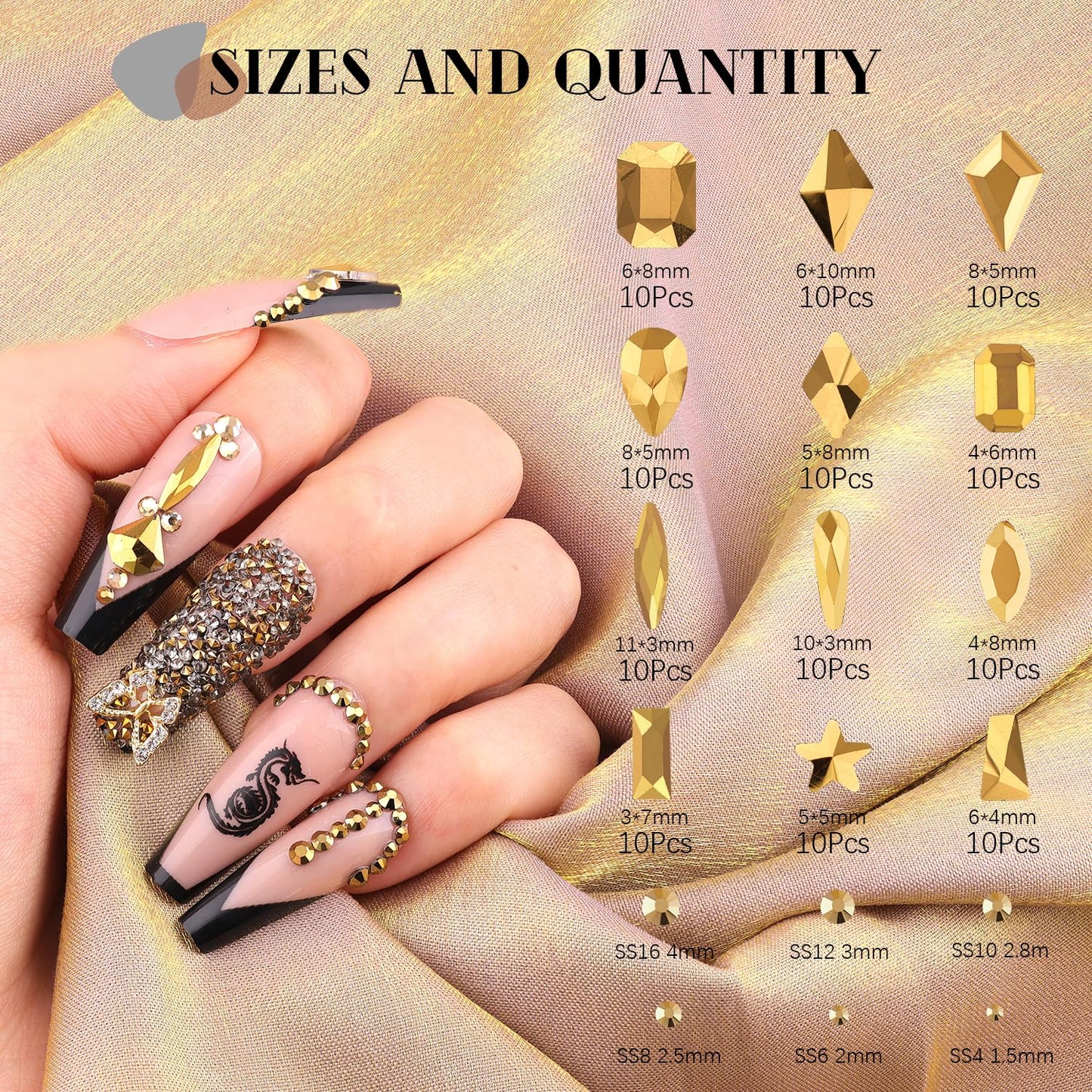3220Pcs Mineral Gold Glass Nail Rhinestones 120Pcs Multi Shapes Flatback Gems Crystal + 3100Pcs 1.5-4mm Round Beads, Manicure Diomand Jewelry Gemstones for Nail Design Makeup Acrylic Nails Decoration