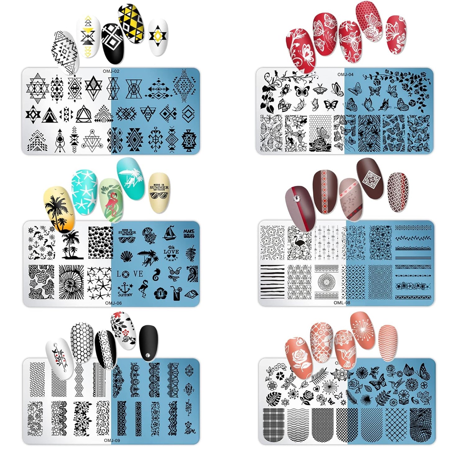 AddFavor Nail Stamper Kit 6pcs Flower Lace Nail Art Stamping Plate Butterfly Leaf Geometry Template with Silicone Nail Stamper and Scraper for Women Girls DIY Fingernail Manicure Stencils Tools