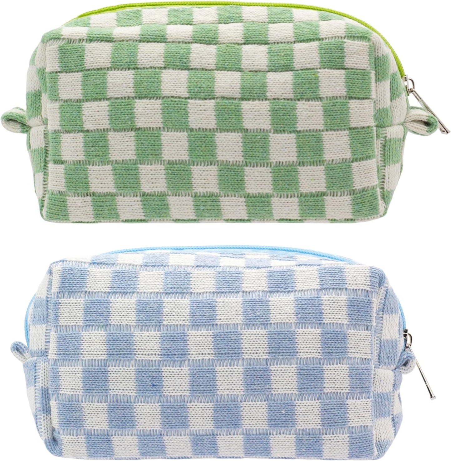 PAZIMIIK Checkered Makeup Bag for Purse Portable Zipper Make Up Pouch Small Cosmetic Case for Travel Accessories (2PCS Blue Light Green)