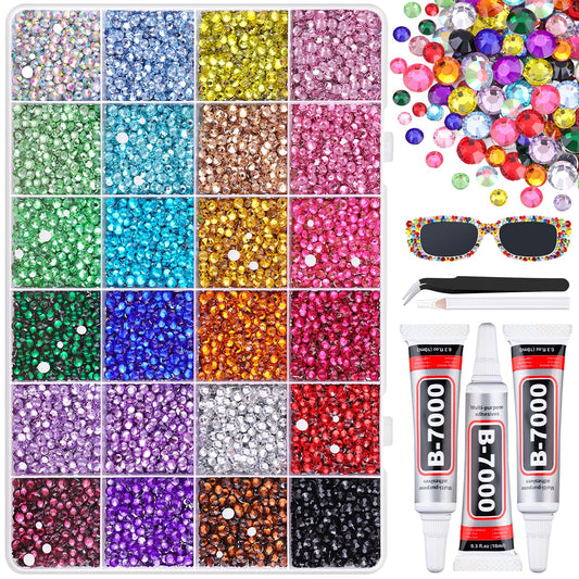22000Pcs Resin Rhinestones for Bedazzling with 3Pcs B7000 Jewelry Glue, Multicolor 2/3/4mm Flatback Gems Rhinestones for Crafting, Clothing Tumblers Mugs Shoes Fabric Decor Nail Art