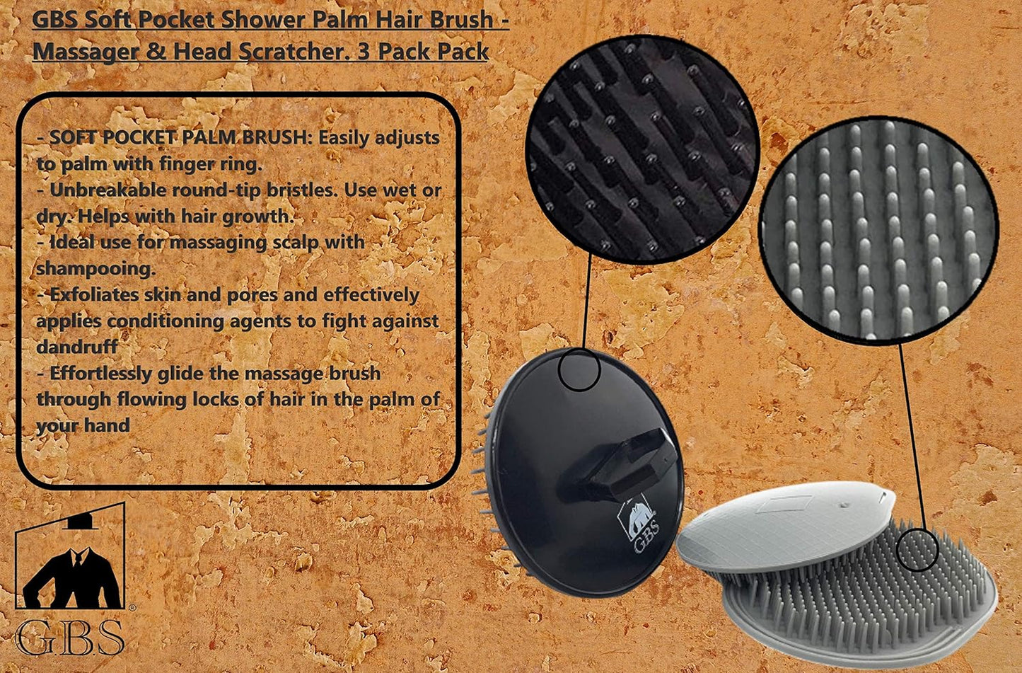 G.B.S Head Shampoo Scalp Massager Brush and Soft Palm Pocket Comb for All Hair Types, Pack of 3 (1 Black and 2 Gray) Made in U.S.A