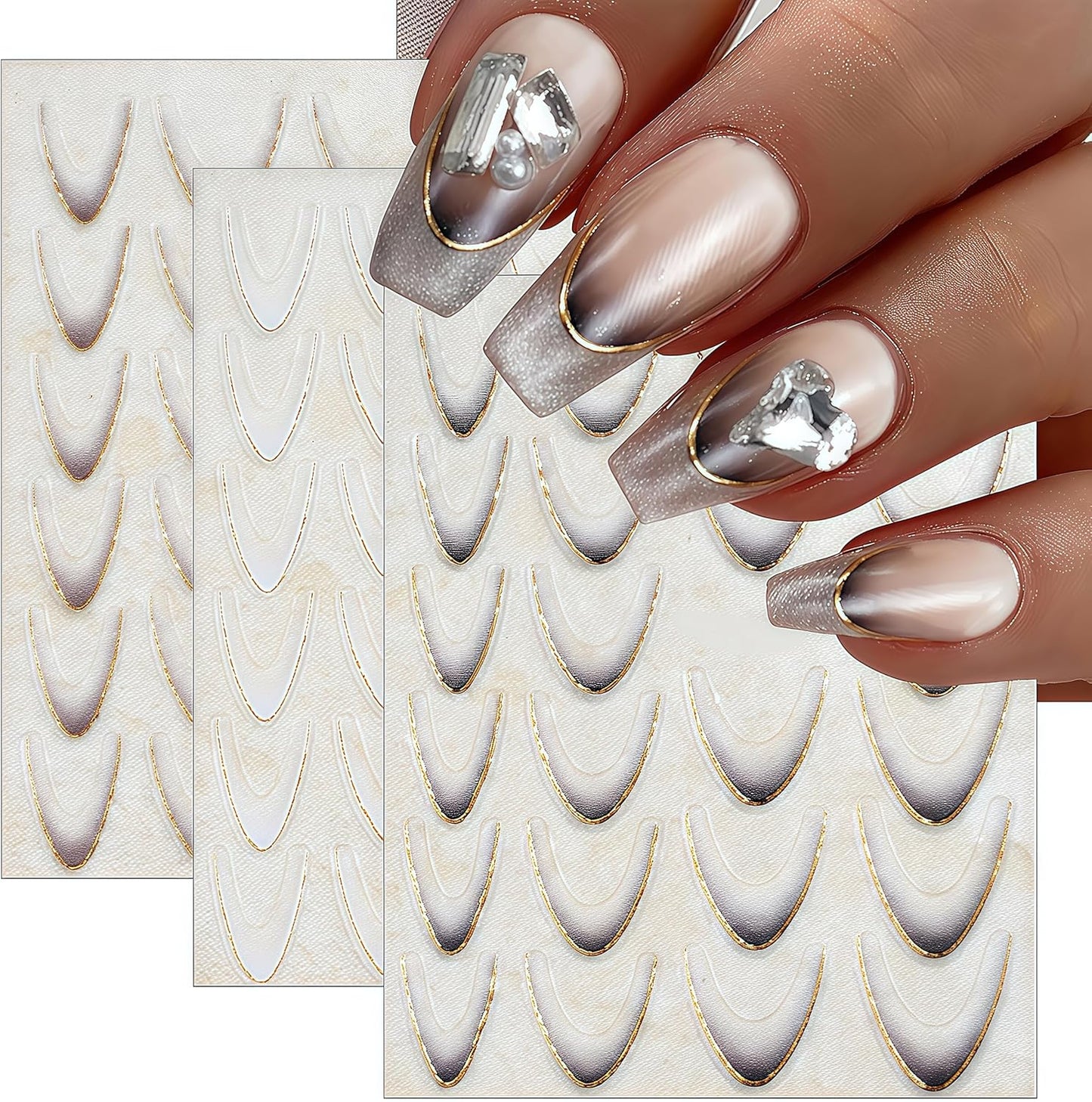 12Sheets Gradient French Tips Line Nail Stickers 3D Self-Adhesive Colorful Stripes Line Transfer Decals Curved Lines Nail Art Designs Nail Tips Manicure Accessories for Women Nail Art Decorations