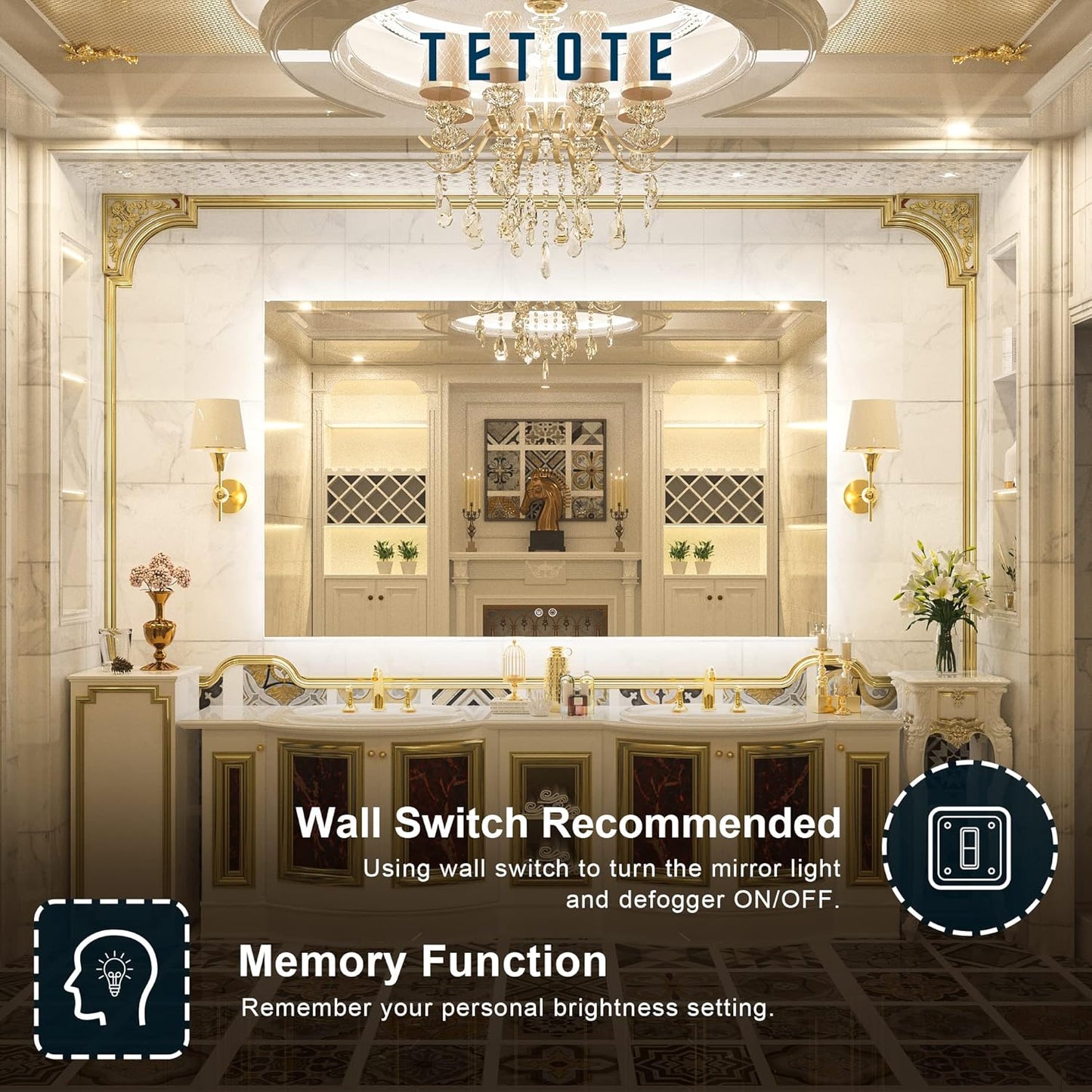 TETOTE 60 x 36 Inch LED Backlit Bathroom Vanity Mirror with Light,Anti-Fog,Dimmable,CRI90+,Touch Button,Water Proof,Large,Lighted Mirror,Horizontal/Vertical Wall Mounted