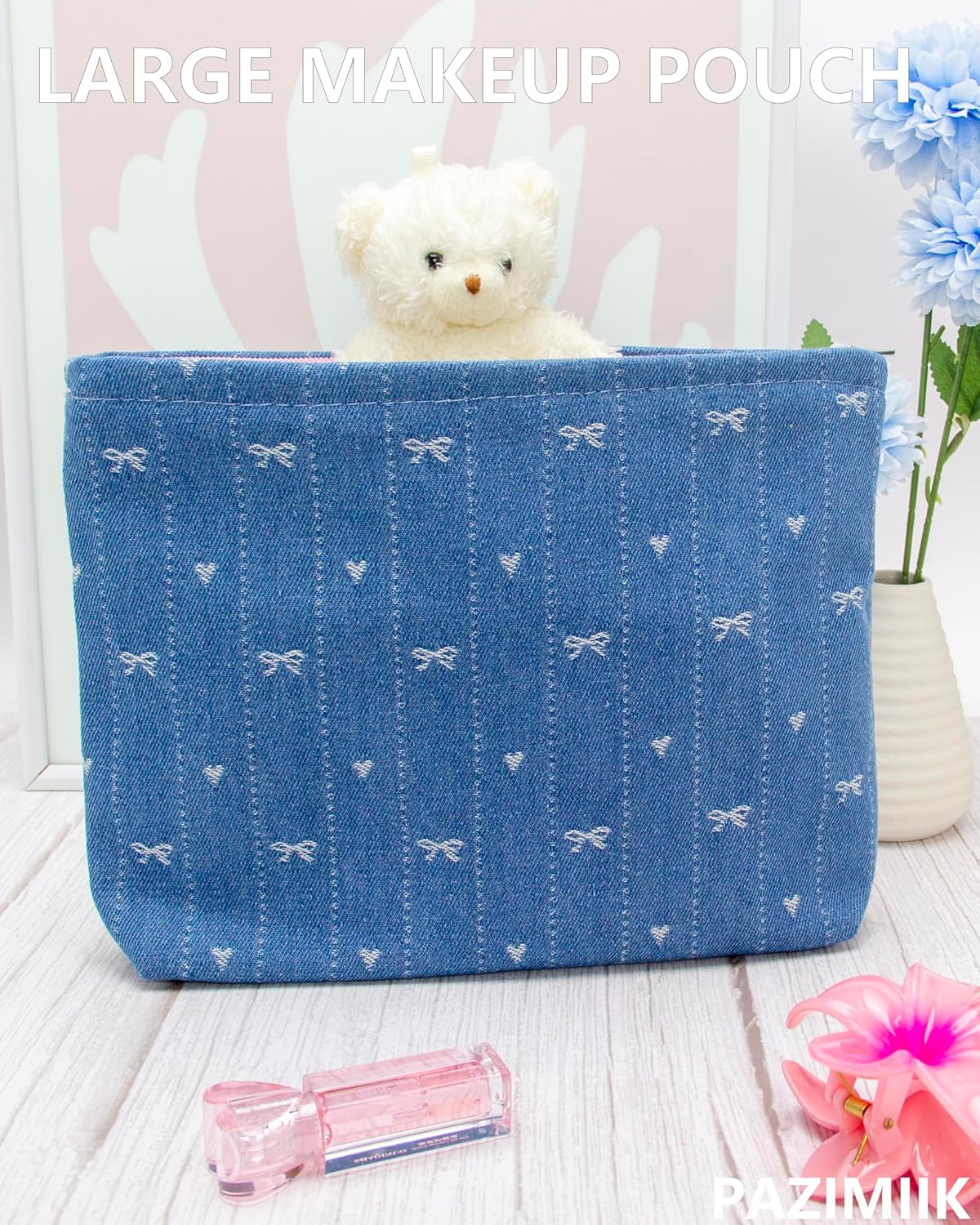 PAZIMIIK Makeup Bag Large Cotton Zipper Pouch for Purse Travel Canvas Make Up Organizer for Women Cosmetic,Jean Blue