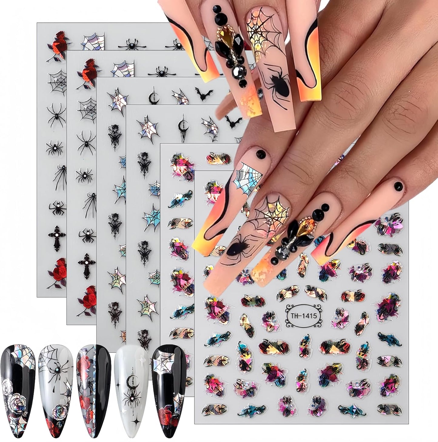 6 Sheets Halloween Colorful Nail Art Stickers 3D Glitter Spider Web Spider Nail Stickers Black Bat Scorpion Designs Nail Decals Shiny Red Rose Nail Decals for Women Halloween Party Nail Decor Kits