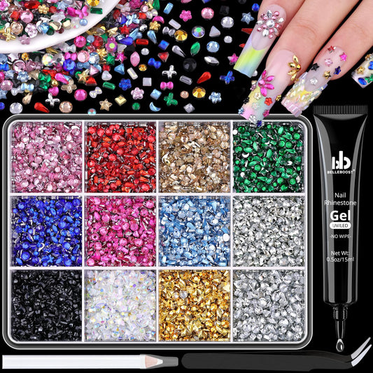 6360 PCS 2-3 MM Muliti Shape Colorful Rhinestones for Nail Art, 3D Resin Flatback Bedazzling Gems Mini Flower Bow Heart Star Butterfly, Gems Kit with Tweezers, Pickup Pencil and 15ML Nail Glue