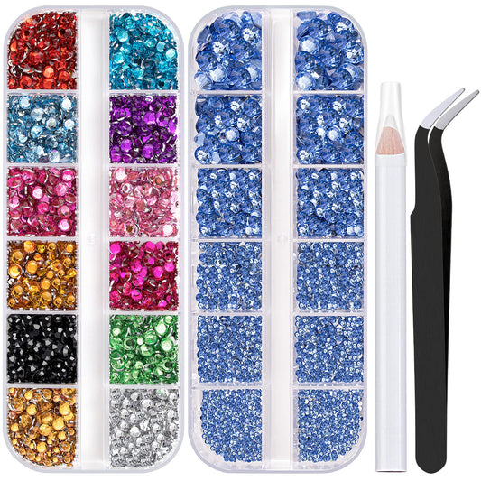Two Packs of Flatback Rhinestones 4520 Pcs Colorful Nail Art Rhinestones Flatback Crystal Colorful+Sky Blue Rhinestone with Picker Pencil and Tweezer for Nail Art and Decoration