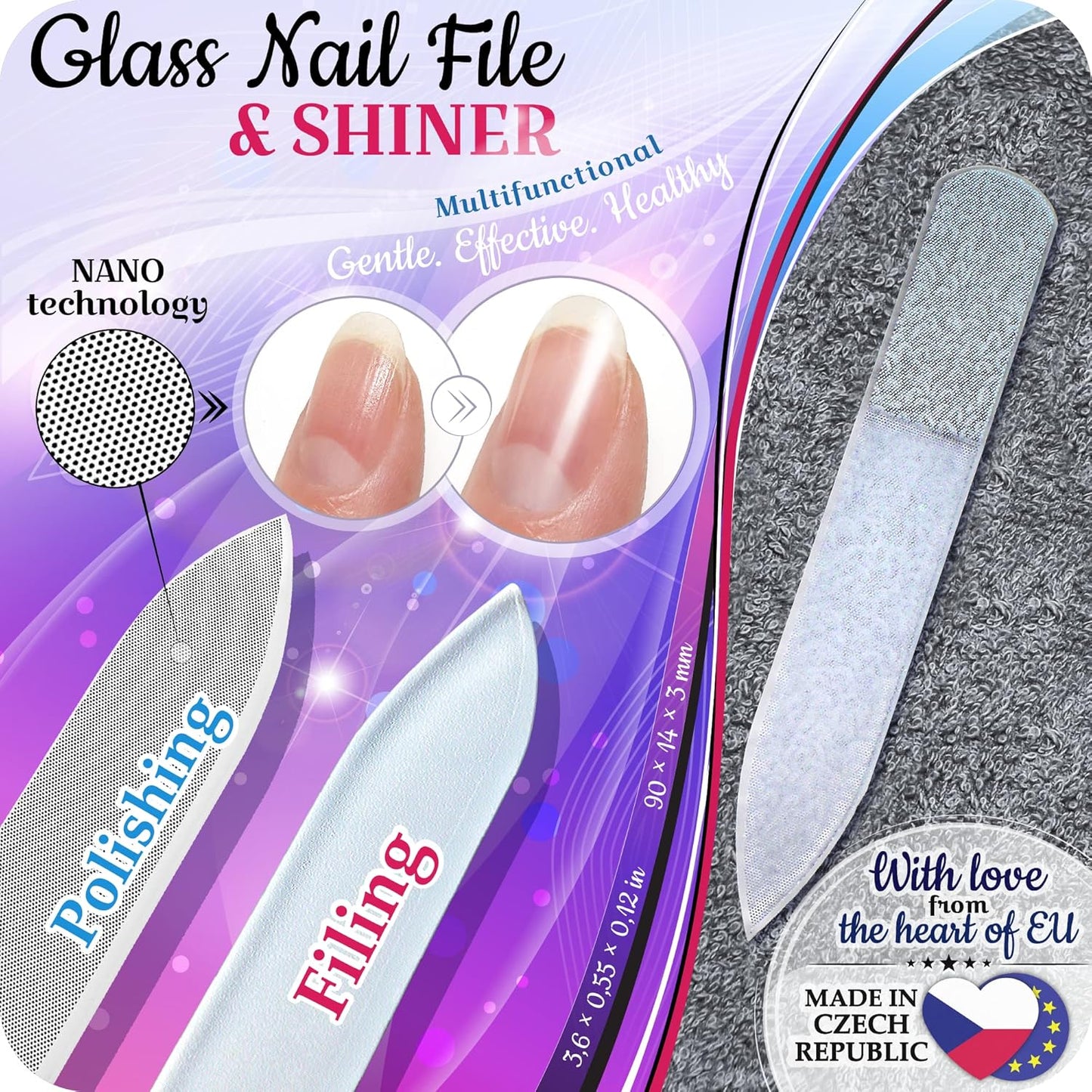 Genuine Czech Glass Nail File Set - Multi-Functional Shiner Buffer, Double Sided Different Grit Etched Surface, Manicure & Pedicure, Professional Nail Care Tool, EU Quality by GLADZY