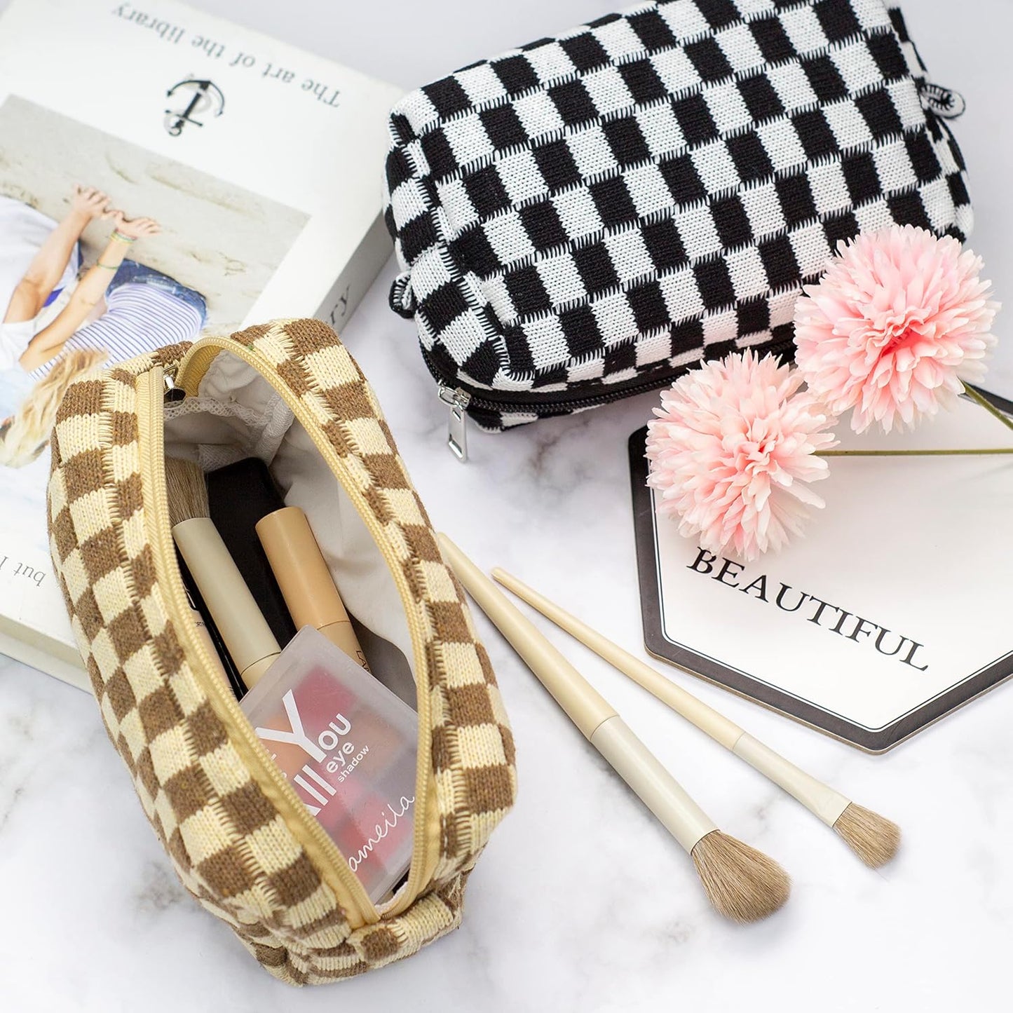 PAZIMIIK Checkered Makeup Bag for Purse Portable Zipper Make Up Pouch Small Cosmetic Case for Travel Accessories (6PCS Coffee)