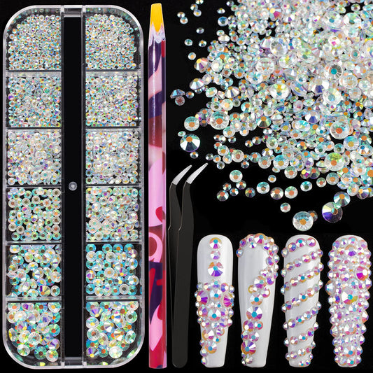6 Sizes Transparent AB Glass Crystal Kit with Pickup Pen + Tweezer Tools for Iridescent Shine Nail Art Manicure Makeup DIY Decoration Flatback Round Rhinestone Gem Jewelry Diamond