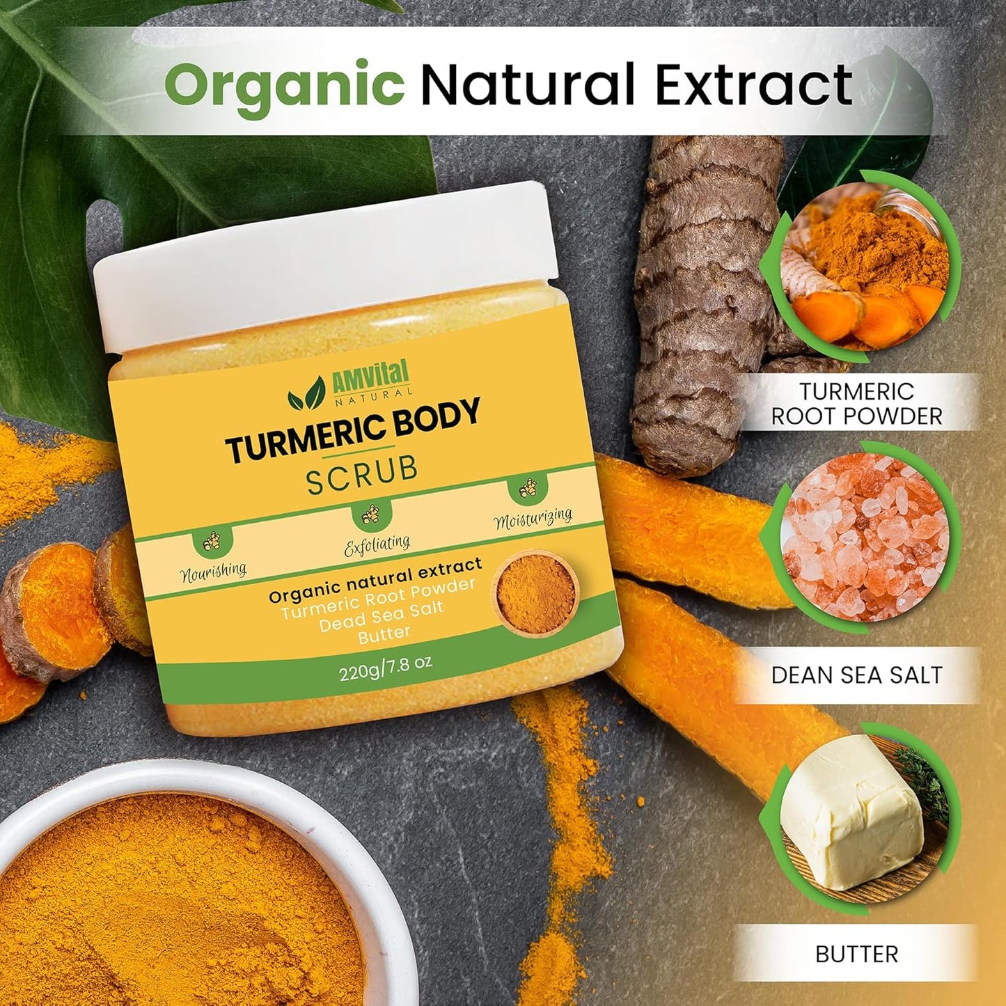 Turmeric Body Scrub - Handmade Natural Scrub For Body, Face, Hand, and Foot - Natural Skincare Body Scrub For Women - Suitable for All Skin Types (7.8oz)