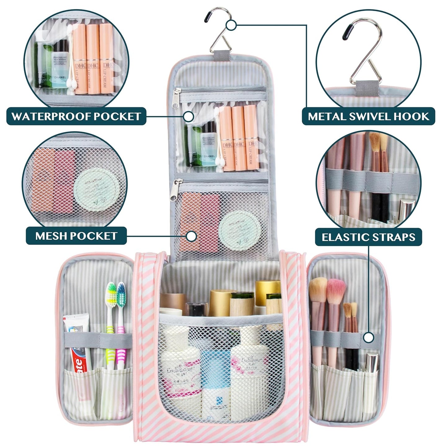 PAVILIA Toiletry Bag Travel Bag for Women Men, Hanging Cosmetic Organizer, Water Resistant Makeup Bag for Accessories Toiletries, Large Travel Essentials Kit (Pink Stripe)