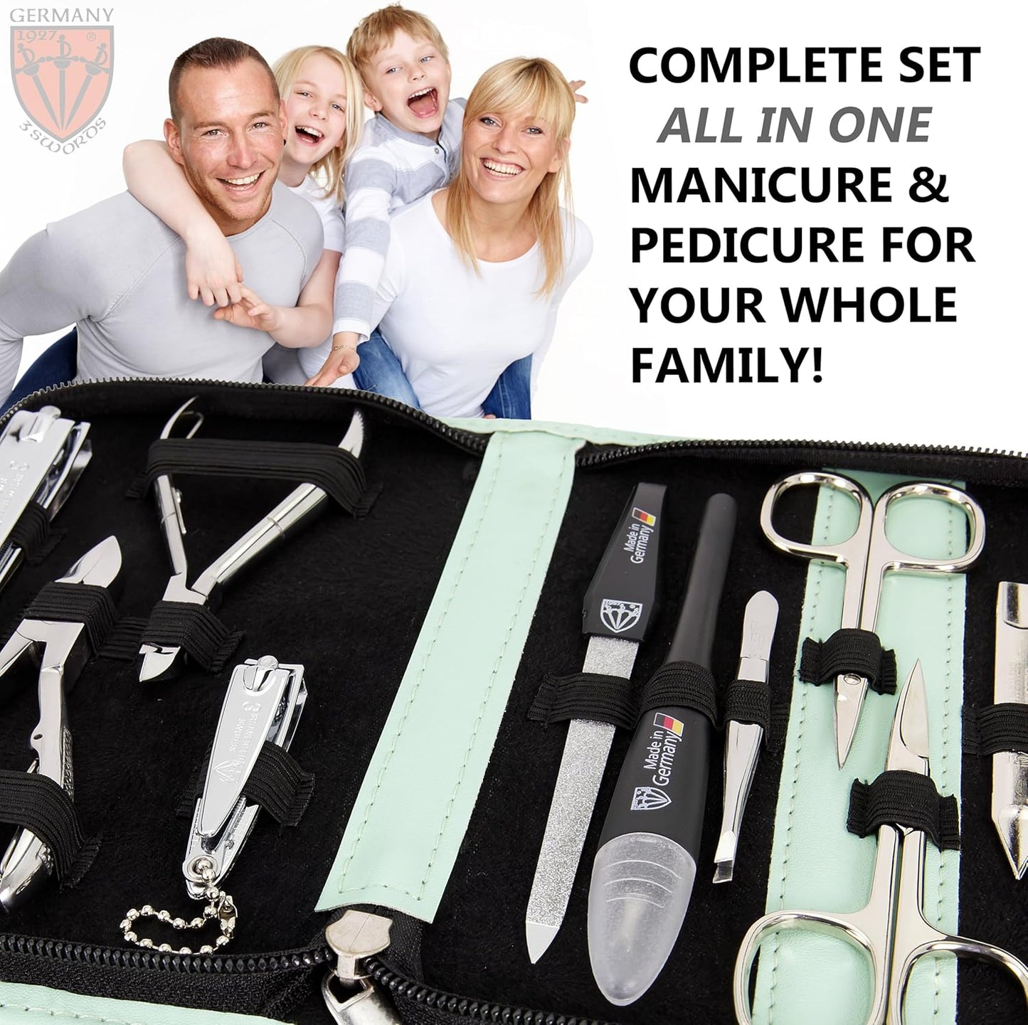 3 Swords Germany - brand quality 10 piece manicure pedicure grooming kit set for nail care scissors clipper mint synthetic leather case - Made by 3 Swords