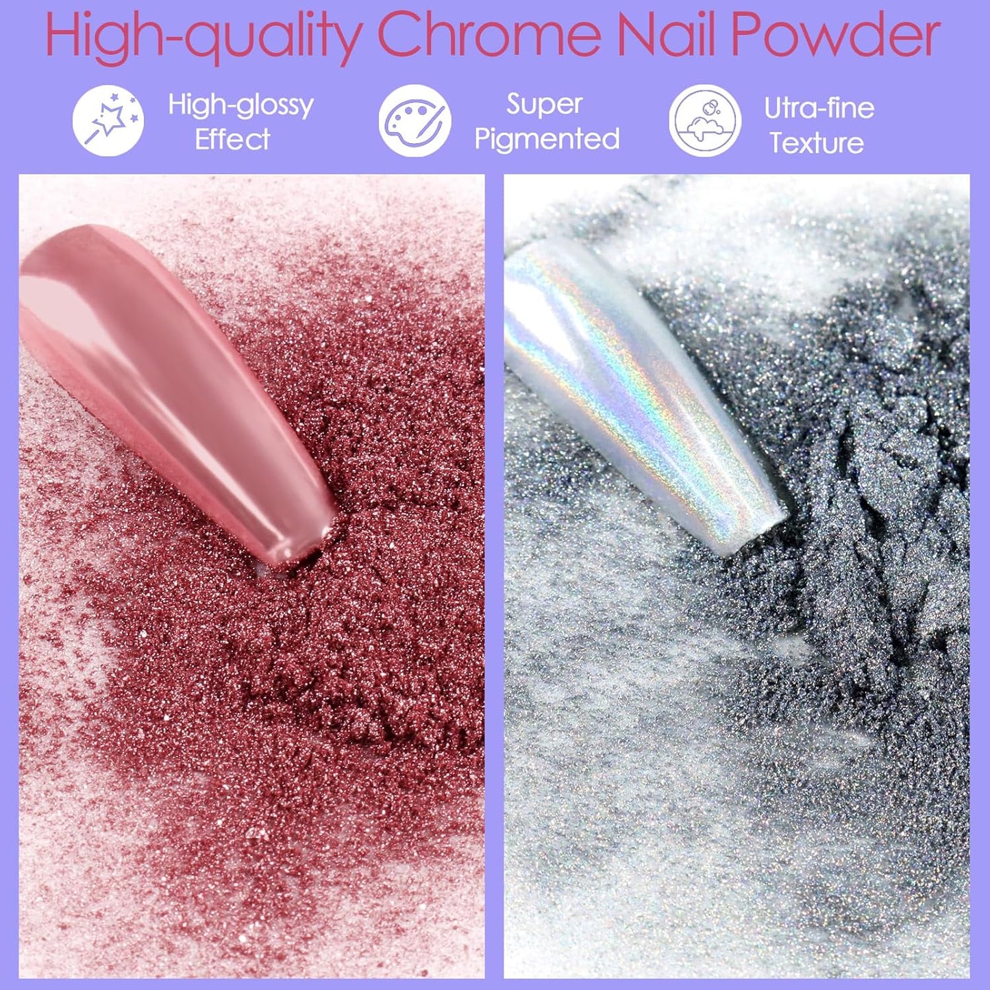 Allstarry Chrome Nail Powder Kit - 32 Colors Metallic Mirror Effect Holographic Manicure Pigment Glitter Powder for Nail Art Decoration Gel Polish with 32 Pcs Eyeshadow Sticks