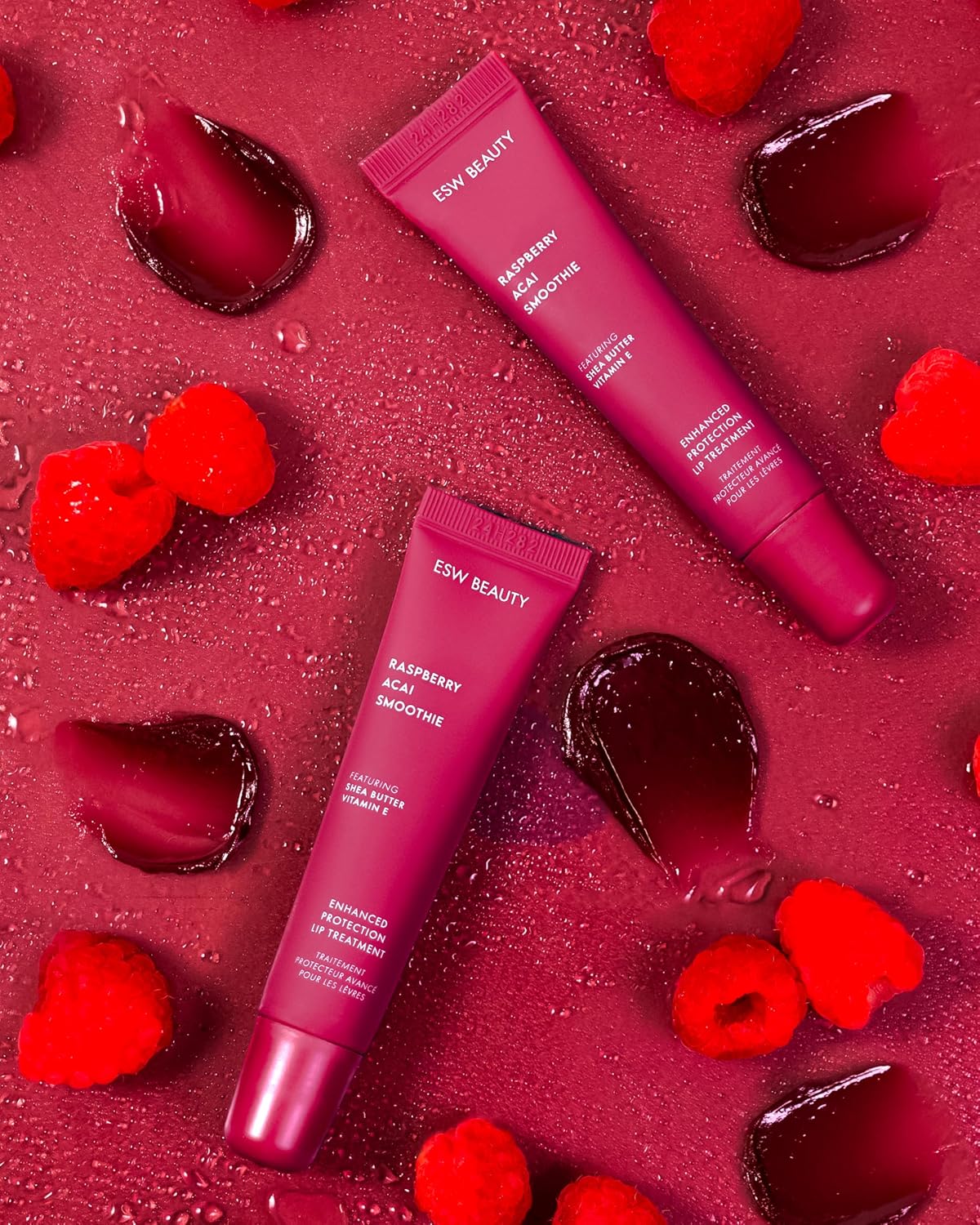 ESW Beauty Raspberry Acai Smoothie Lip Treatment - Rich Berry Tint with Shea Butter, Vitamin E, Raspberry & Acai for Deep Nourishment & Enhanced Protection