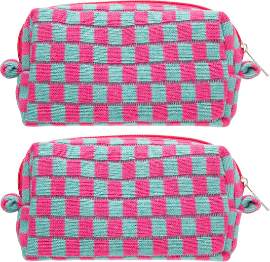 PAZIMIIK Checkered Makeup Bag for Purse Portable Zipper Make Up Pouch Small Cosmetic Case for Travel Accessories (2PCS Magenta Green)