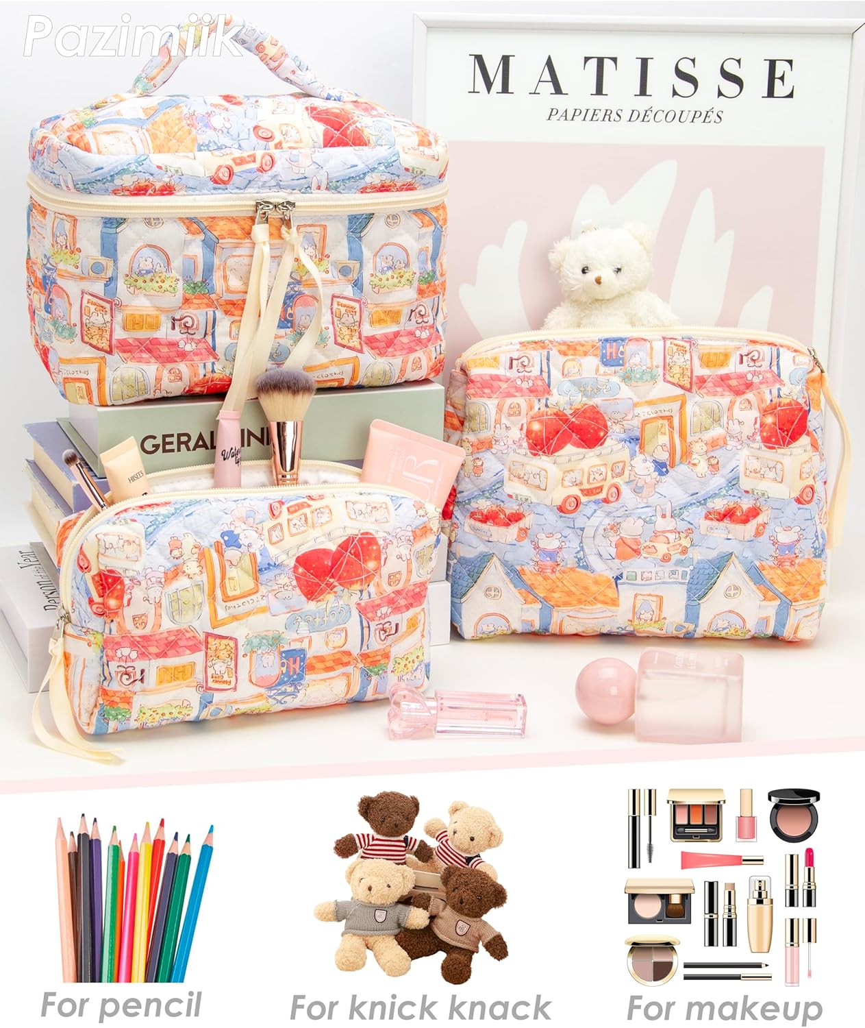 PAZIMIIK 3PCS Makeup Bag SET Large Travel Quilted Zipper Soft Cosmetic Case Pouch for Women Girls Make Up,Little Bunny