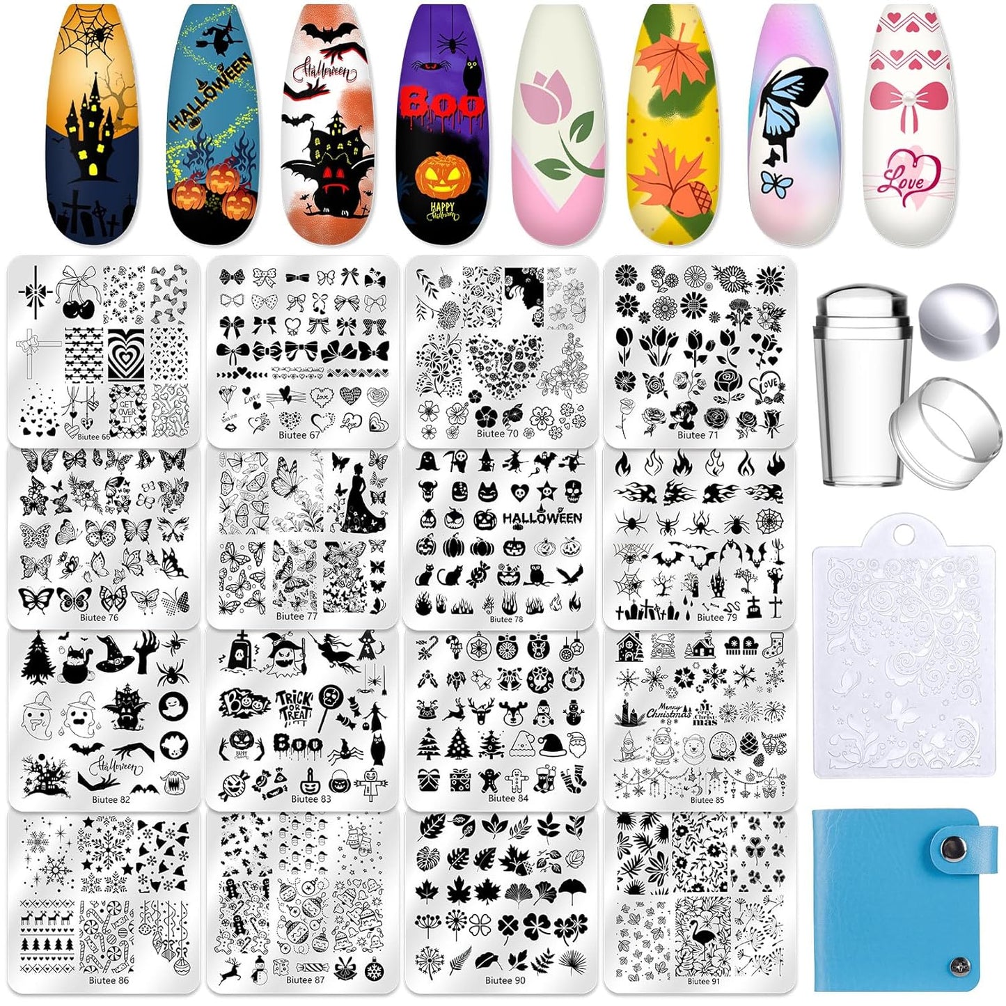 Biutee Nail Stamping Plate 20Pcs Nail Stamper Kit 16Pcs Nail Art Stamping Plates with Silicone Stamper, Scraper & Storage Bag, Stamp Plates Star Plaid Love Leaf Template Halloween Design Gift