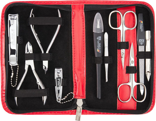 3 Swords Germany - brand quality 10 piece manicure pedicure grooming kit set for professional finger & toe nail care scissors clipper fashion leather case in gift box, Made by 3 Swords (03614) Red