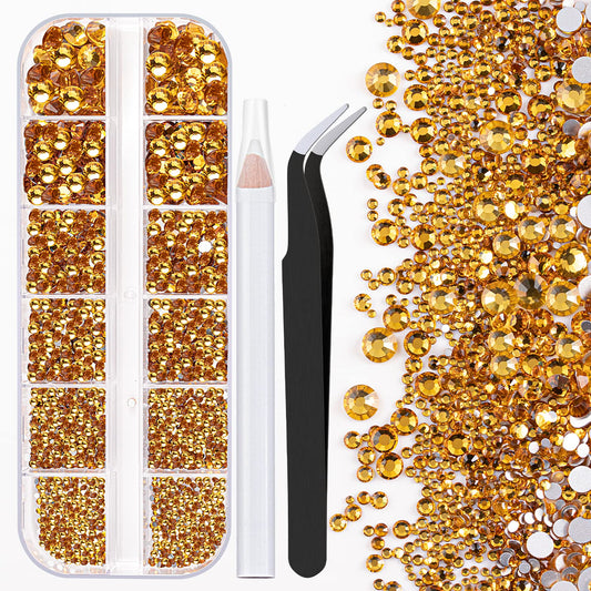 One Pack 2000 Pcs of Flatback Round Golden Yellow Rhinestones 6 Sizes (1.5-6 mm) with Nail Art Rhinestone Picker Pencil and Tweezer for DIY and Salon Use