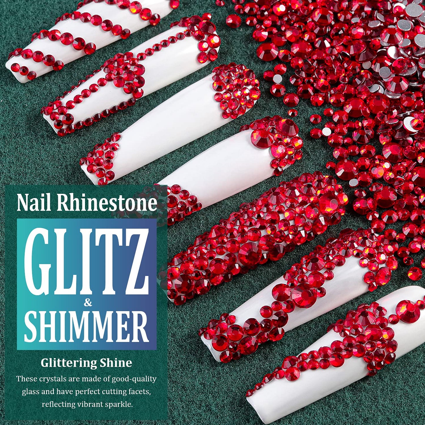 3440PCS 6 Sizes Red Glass Crystal Kit with Pickup Pen + Tweezer Tools for Iridescent Shine Nail Art Manicure Makeup DIY Deco Flatback Round Bead Rhinestone Gem Jewelry Diamond