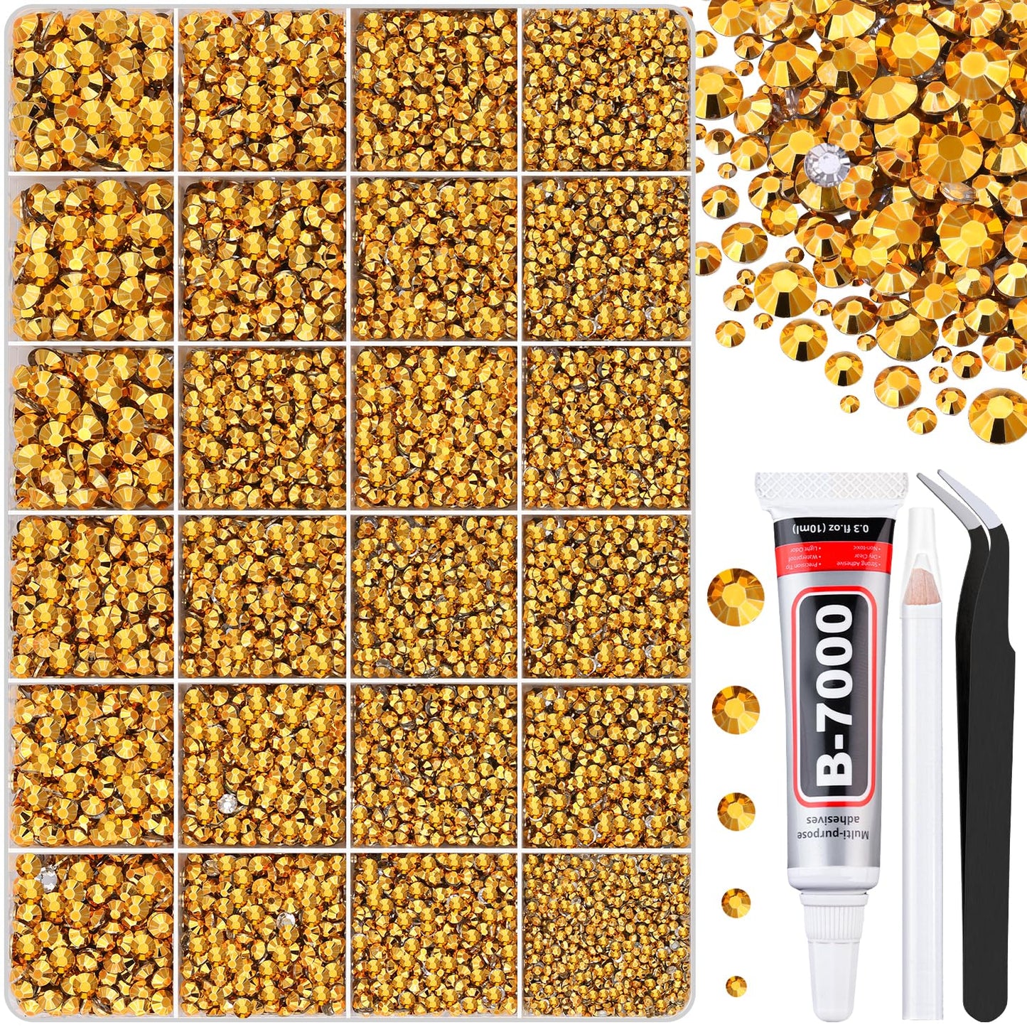 30000Pcs Mine Gold Rhinestones for Bedazzling with B7000 Jewelry Glue, Bedazzler Kit Flatback Gems, Resin Rhinestones for Crafting Crafts Clothing Shoes Fabric Nail Art Assorted Size 2/3/4/5/6mm