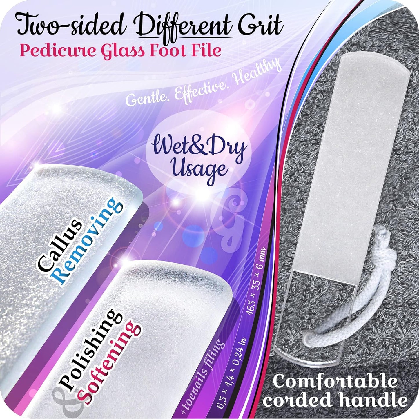 Genuine Czech Glass Foot File - Two-Sided Different Grit Surface, Gentle Callus Remover, Pedicure & Spa Rough Skin Scrubber, Professional Toenail and Heels Care, EU Quality, Large Size