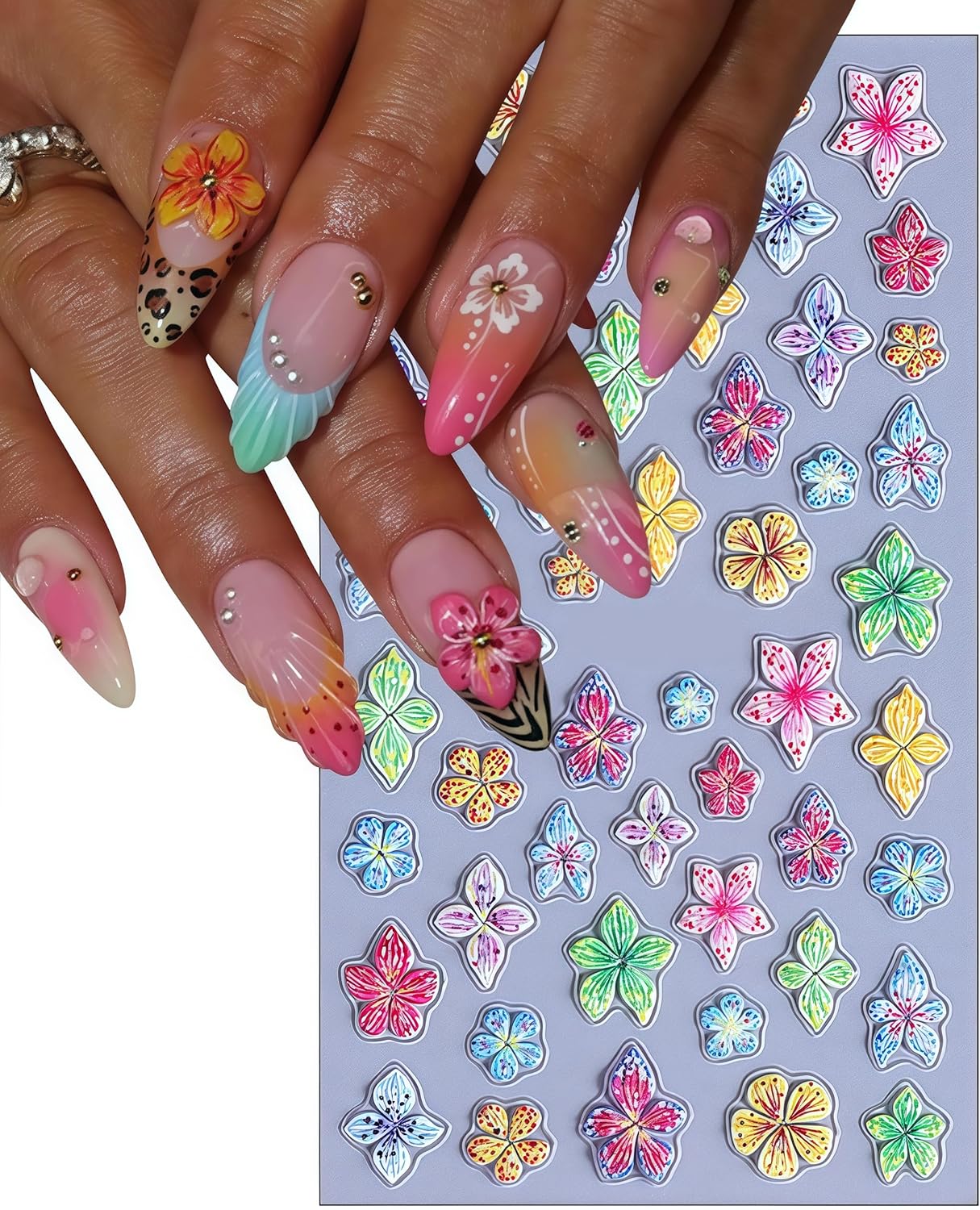 Flower Nail Art Stickers 5D Embossed Self Adhesive Lily Flower Stickers Summer Hibiscus Floral Decals Charms Vacation Design Pegatinas para Uñas for Women Girls DIY Manicure Decoration 3 Sheet